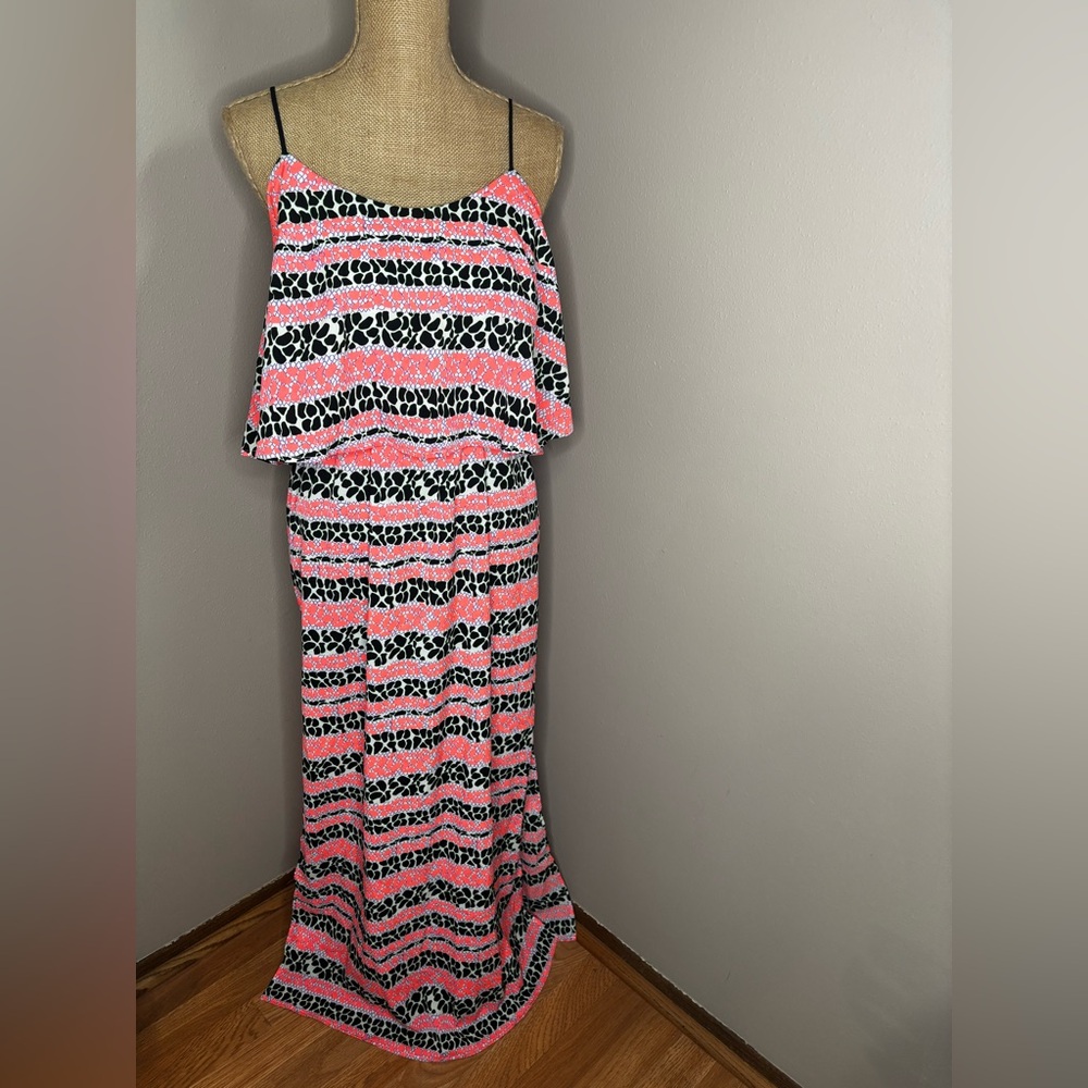 TOPSHOP FLURO PRINT MAXI DRESS SIZE 8 PINK BLACK MULTI COLOR DOUBLE SLIT